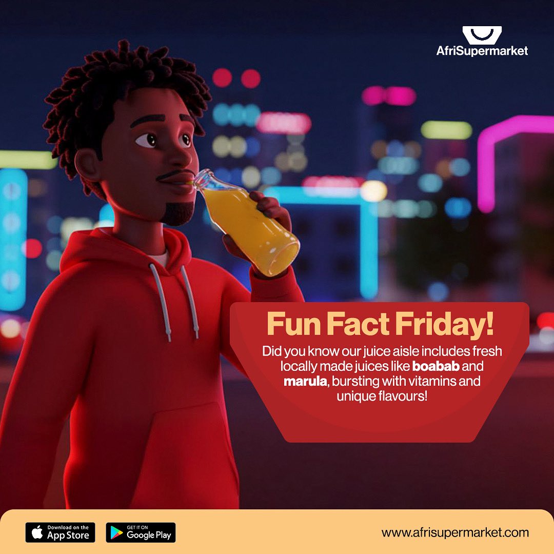 Fun Fact Friday 🧃✨
Ever tried boabab or marula juice? 🍊🍃
Our juice aisle is stocked with refreshing, locally made options packed with vitamins and bold, unique flavours. Discover your new favourite only at afrisupermarket. Order now!
#Afrisupermarket #FunFactFriday