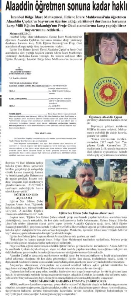 Proje okulu atamalarında yaşanan hukuksuzluğa karşı mahkemeden Eğitim Sen lehine tarihi karar 
( Alaattin Çıplak davası)
hudutgazetesi.com/guncel/alaaddi…
<a href="/egitimsen/">Eğitim Sen</a>