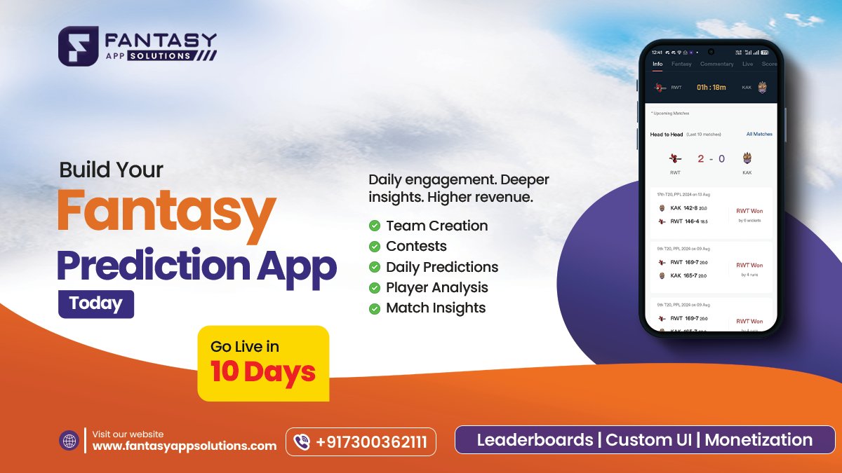 fanappsolutions's tweet image. Build your fantasy prediction app today and give sports lovers everything they crave — from match insights to daily challenges
#FantasyPredictionApp #FantasySportsApp #FantasyAppDevelopment #SportsAppDevelopment #FantasySportsIndia #TeamCreation #DailyPredictions #PlayerAnalysis