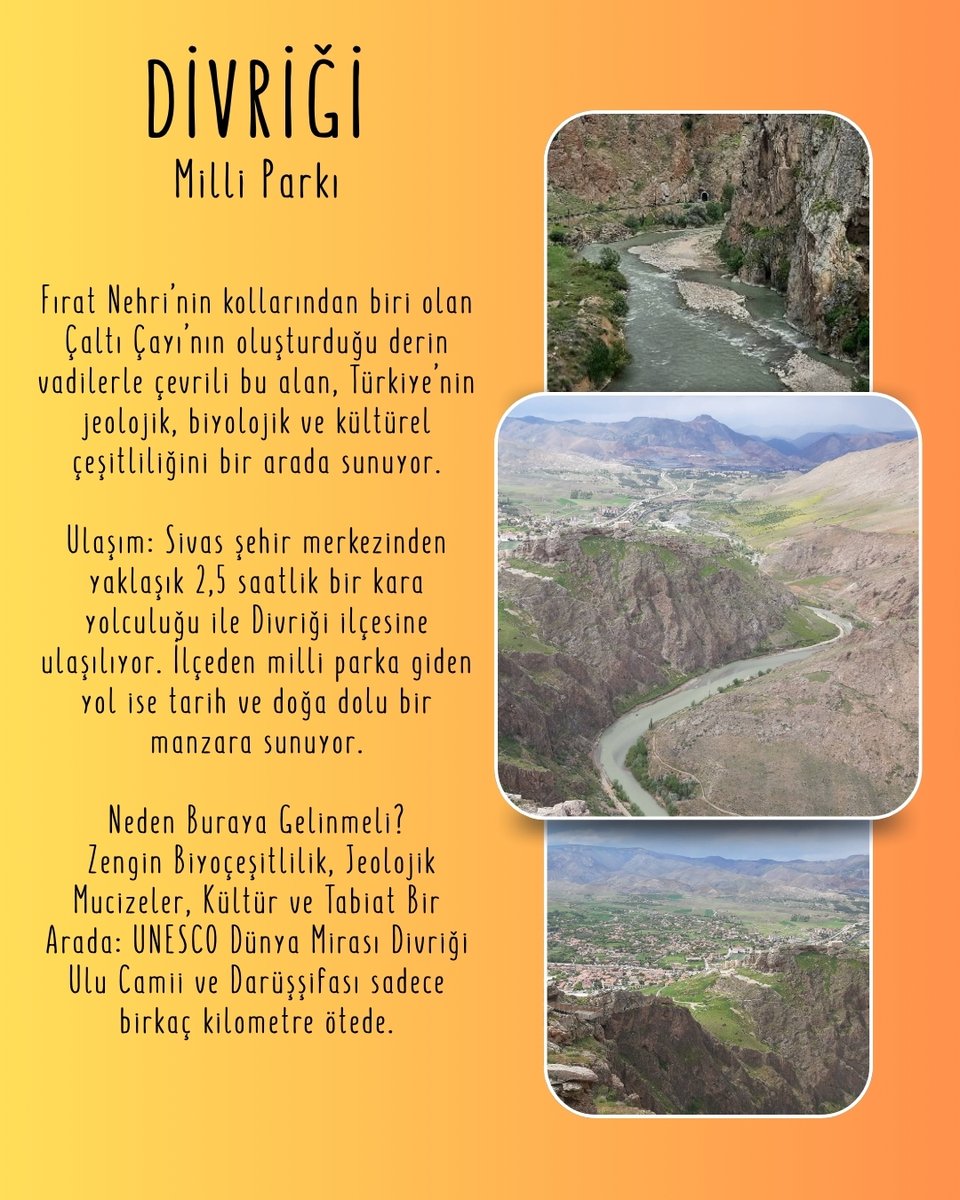 📍Bu Mevsimde Nereye Gidilir?
Bölüm 5: Sivas Divriği Milli Parkı

⛪ Divriği Ulu Camii’nin gölgesinde, doğa ve tarihin buluştuğu eşsiz bir rota.
📅 2022’de milli park ilan edilen bu alan; bozkırın sarısı, vadilerin yeşili ve serin geceleriyle yazın en güzel hâlini sunuyor.
🌊