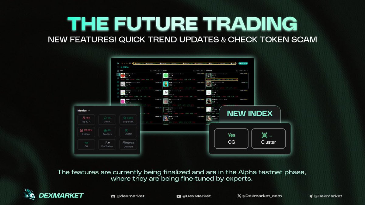 Dexmarket_com's tweet image. Early Reveal: Alpha Testnet
- UI Dexmarket
- Quick Trend Updates

New Index:
- OG for check token scam 
- Cluster....

We're updating daily in preparation for Beta and exciting features coming soon…
All of these features will be available to serve you

Dexmarket - Trade Safely…