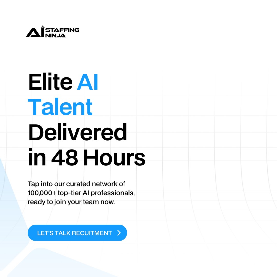 AIStaffingNinja's tweet image. 𝗖𝗮𝗻 𝘆𝗼𝘂 𝗵𝗶𝗿𝗲 𝗔𝗜/𝗠𝗟 𝘁𝗮𝗹𝗲𝗻𝘁 𝗶𝗻 𝟳𝟮 𝗵𝗼𝘂𝗿𝘀? 𝗬𝗘𝗦. 🚀
72-hour AI/ML hires = no myth. 💥
 Vetted talent, delivered fast &amp;amp; reliable.

#AIHiring #MLTalent #FastHiring #QualityCandidates #SmartAIHiring #AITechRecruitment #StartupHiring #EfficientAIHiring