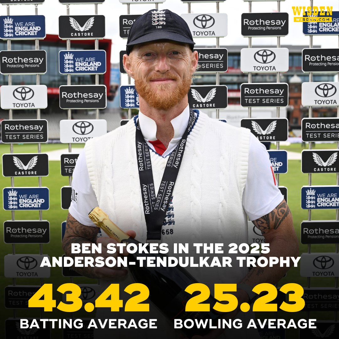 304 runs in 7 innings.
17 wickets in 8 innings.

Ben Stokes led England by example in the 2025 Anderson-Tendulkar Trophy 💪

#BenStokes #Cricket
