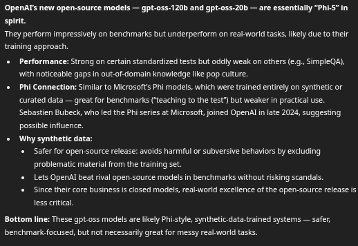Knut Jägersberg (@jagersbergknut) on Twitter photo OpenAI's new open-source model is basically Phi-5
<a href="/bimedotcom/">BusinessIntelligence</a> <a href="/Khulood_Almani/">Dr. Khulood Almani | د.خلود المانع</a> <a href="/theomitsa/">Dr. Theophano Mitsa ☦️🇬🇷🇺🇸</a> <a href="/FmFrancoise/">Françoise Morvan</a> <a href="/sulefati7/">Fati Sule</a> <a href="/NathaliaLeHen/">Nathalia Le Hen</a> <a href="/IanLJones98/">Ian Jones</a> <a href="/rvp/">#RaviVisvesvarayaSharadaPrasad #Telecom #InfoTech</a> <a href="/bamitav/">Amitav Bhattacharjee</a> <a href="/sallyeaves/">Sen. Sally Eaves</a> <a href="/Nitin_Author/">Nitin Panwar</a> <a href="/sonu_monika/">Dr. Monika Sonu I Founder Healthinnovationtoolbox</a> <a href="/BetaMoroney/">Tony Moroney</a> <a href="/TheAIObserverX/">nat | localhost: auriel</a>
seangoedecke.com/gpt-oss-is-phi… OpenAI's new open-source model is basically Phi-5
<a href="/bimedotcom/">BusinessIntelligence</a> <a href="/Khulood_Almani/">Dr. Khulood Almani | د.خلود المانع</a> <a href="/theomitsa/">Dr. Theophano Mitsa ☦️🇬🇷🇺🇸</a> <a href="/FmFrancoise/">Françoise Morvan</a> <a href="/sulefati7/">Fati Sule</a> <a href="/NathaliaLeHen/">Nathalia Le Hen</a> <a href="/IanLJones98/">Ian Jones</a> <a href="/rvp/">#RaviVisvesvarayaSharadaPrasad #Telecom #InfoTech</a> <a href="/bamitav/">Amitav Bhattacharjee</a> <a href="/sallyeaves/">Sen. Sally Eaves</a> <a href="/Nitin_Author/">Nitin Panwar</a> <a href="/sonu_monika/">Dr. Monika Sonu I Founder Healthinnovationtoolbox</a> <a href="/BetaMoroney/">Tony Moroney</a> <a href="/TheAIObserverX/">nat | localhost: auriel</a>
seangoedecke.com/gpt-oss-is-phi…