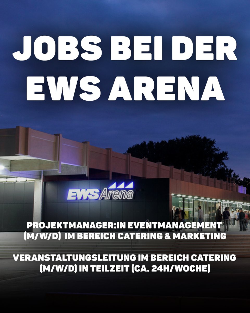 Die EWS Arena Betriebsgesellschaft mbH hat aktuell zwei Jobs ausgeschrieben 👇
➡️ Projektmanager:in Eventmanagement (m/w/d) im Bereich Catering &amp; Marketing
➡️ Veranstaltungsleitung im Bereich Catering (m/w/d) in Teilzeit (ca. 24h/Woche)
💼 bit.ly/ewsarenajobs
