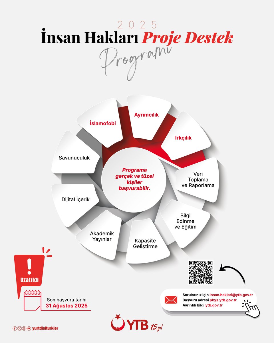 Başkanlığımız tarafından yurt dışında yaşayan vatandaşlarımıza yönelik insan hakları, ayrımcılık, ırkçılık, yabancı düşmanlığı ve İslam karşıtlığı ile mücadele alanlarında geliştirilen "İnsan Hakları Proje Destek Programı" başvuruları devam ediyor.

🗓 Başvuru için son tarih: 31