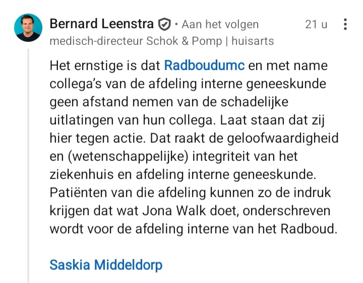 Klaas van Dijk (@klaasvandijk5) on Twitter photo Deze duidelijke reactie staat bij dit veel gelezen bericht van mij over de volksgezondheidsondermijnende activiteiten van de <a href="/radboudumc/">Radboudumc</a> arts Jona Walk. linkedin.com/posts/klaas-va…. Graag wijd verspreiden. Zie ook x.com/KlaasvanDijk5/… Deze duidelijke reactie staat bij dit veel gelezen bericht van mij over de volksgezondheidsondermijnende activiteiten van de <a href="/radboudumc/">Radboudumc</a> arts Jona Walk. linkedin.com/posts/klaas-va…. Graag wijd verspreiden. Zie ook x.com/KlaasvanDijk5/…