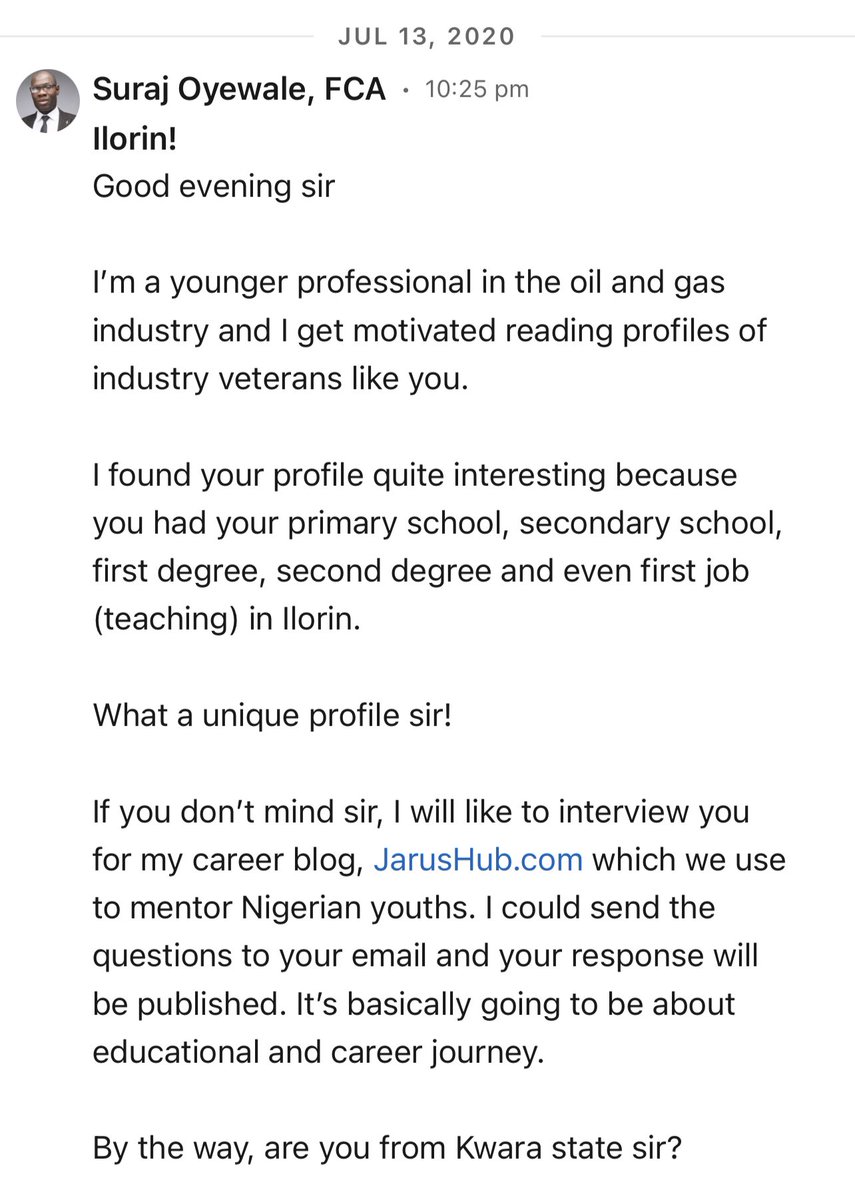 1/n

Situation: I wanted to connect with CEO of NLNG, one of the biggest leaders in my then industry

What I did: I sent a message on LinkedIn asking to interview for my career blog. 

I did not say “Hello” and expected him to reply before going further. I loaded everything into
