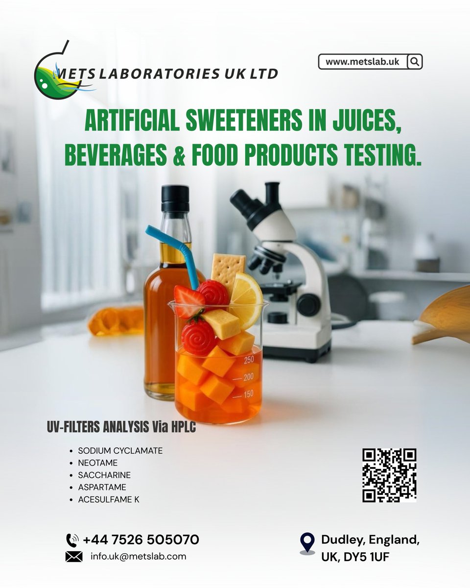 Metslabuk's tweet image. Protect your food &amp;amp; beverages! We provide advanced testing for artificial sweeteners and UV filters using HPLC. Get accurate, reliable results for product safety.

Contact  
📞+44 7526 505070 
📍Dudley, England
🌐 metslab.uk

#FoodSafety #BeverageTesting #HPLC