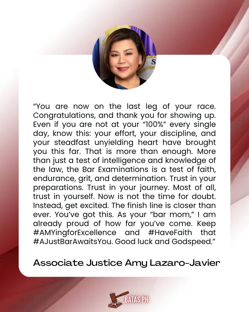 Batas_Ph's tweet photo. JUSTICE LAZARO-JAVIER TO 2025 BAR TAKERS: 'THE FINISH LINE IS CLOSER THAN EVER'

LOOK: Associate Justice Amy Lazaro-Javier, chairperson of the 2025 Bar Examinations, penned a heartfelt message for the #AMYingForExcellence Bar takers almost a month before the actual examinations. https://t.co/Mqyhh10dZn