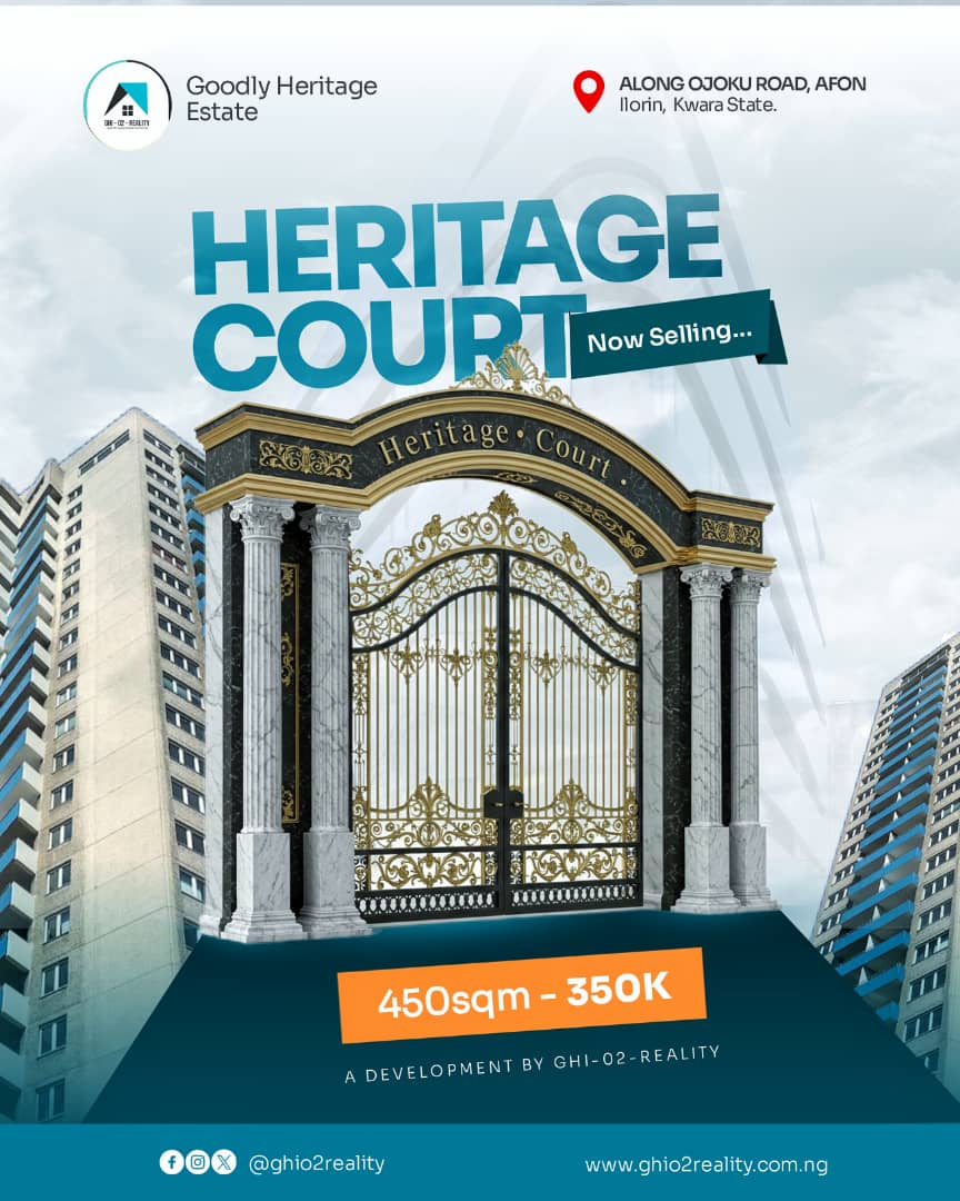 HERITAGE COURT IS IN AFON, ILORIN. 

This land investment is situated where development is tilting towards in Ilorin City. With 350K, you can start your real estate journey and watch your investment grow. 

#HarmonyCourt 
#RealEstate 
#ghio2reality