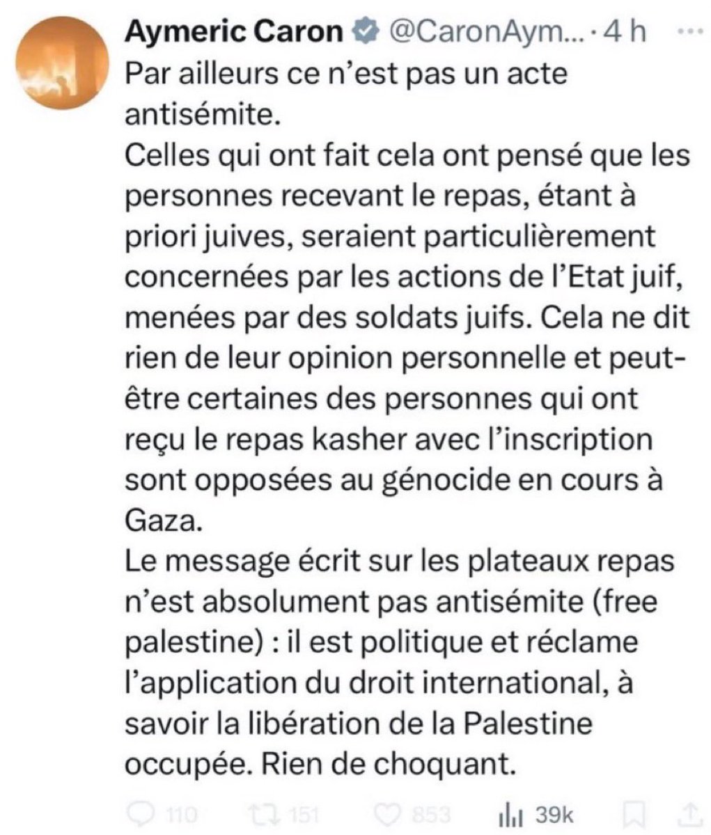 F. Alexandre Rifai פ אלכסנדר ריפאי 🇫🇷 (@alexandrerifai) on Twitter photo Réponse à <a href="/CaronAymericoff/">Aymeric Caron</a>
Vous ne seriez pas resté aussi calme si on avait inscrit “Soutien à Israël” sur un repas halal à destination de passagers musulmans.
Non, monsieur Caron, écrire Free Palestine sur des plateaux-repas uniquement kasher, ce n’est pas un acte “politique” Réponse à <a href="/CaronAymericoff/">Aymeric Caron</a>
Vous ne seriez pas resté aussi calme si on avait inscrit “Soutien à Israël” sur un repas halal à destination de passagers musulmans.
Non, monsieur Caron, écrire Free Palestine sur des plateaux-repas uniquement kasher, ce n’est pas un acte “politique”
