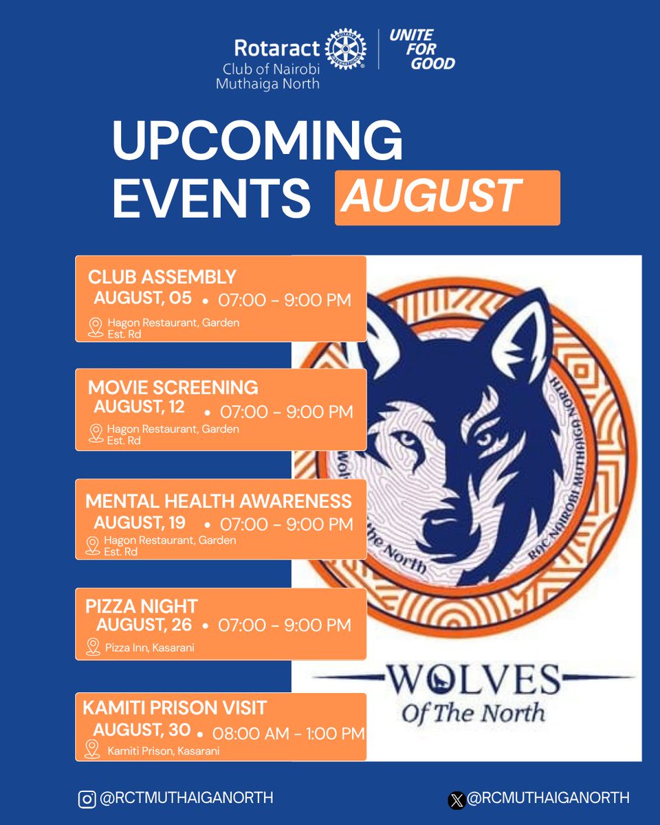 AUGUST LINE-UP JUST DROPPED 👀👇🏾
Fellowship, impact, and good vibes all month long with the Wolves 🐺
📍Lock it in. The month’s about to be a whole vibe.
#RotaractMuthaigaNorth #RotaractKenya #WolvesOfTheNorth