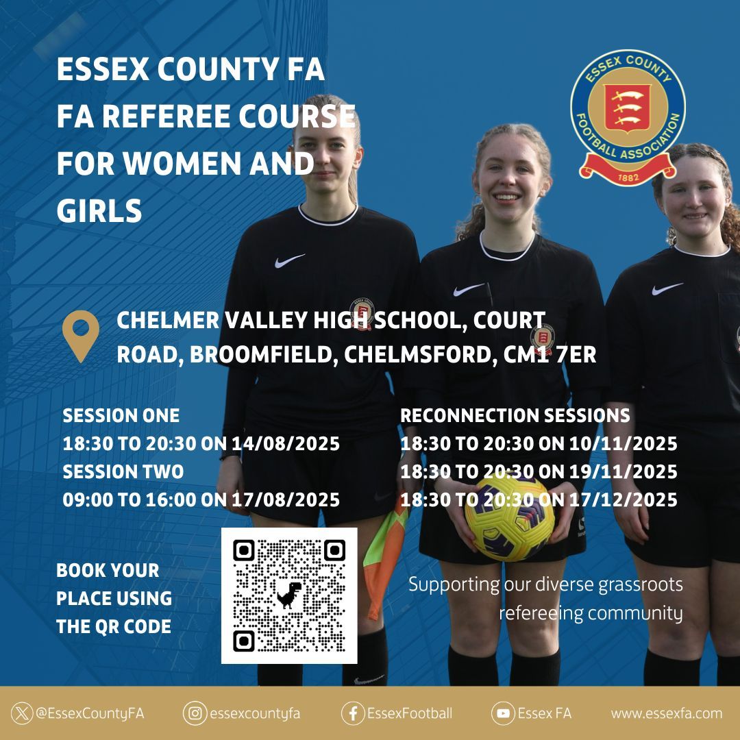 📢 Calling all aspiring female referees! We’re hosting a new <a href="/FA/">The FA</a> Referee Course for Women and Girls this month in #Chelmsford 🙌 Open to all ages and backgrounds. Spaces are limited... book now! 👉 essexfa.com/news/2025/aug/… #EssexFootball #WomenInFootball #RefereeReady