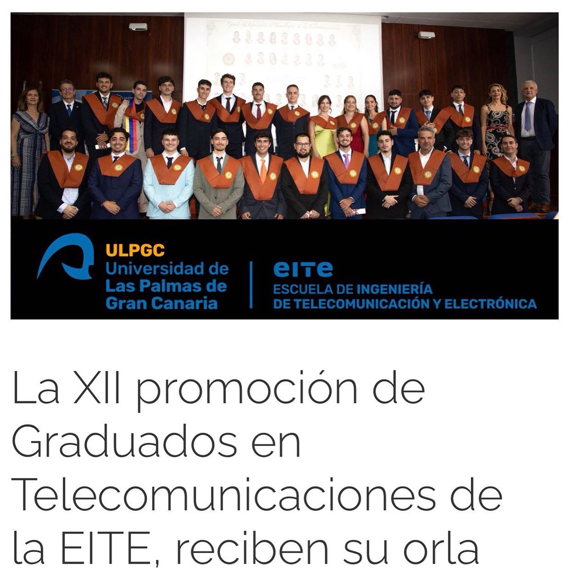 #coittcan La XII promoción de Graduados en Telecomunicaciones de la EITE, reciben su orla. acortar.link/J9zIyN
<a href="/DET_EITE/">Delegación EITE</a> <a href="/coitt_aegitt/">COITT - telecos.zone</a> #somostelecos