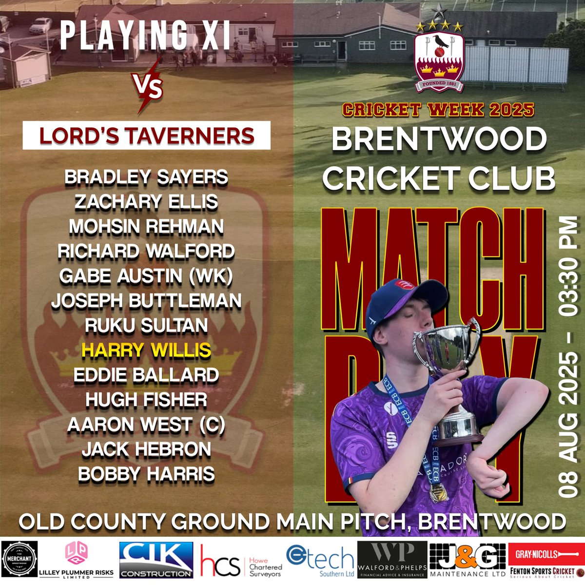 Here's the teamsheet for the main event of our Cricket Week: Brentwood CC Vs @lordstaverners. The match kicks off at 3:30 pm but, a host of events at the OCG including the Q&amp;A and luncheon featuring David Gower starts at 12 pm. Bar open all day, come along, support a great cause!