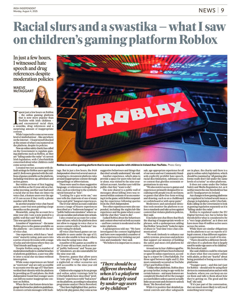 CyberSafeKids (@cybersafekidsie) on Twitter photo Our education programme analyst, Olwyn Beresford, spoke with <a href="/maevemctaggart/">Maeve McTaggart</a> about how gaming platforms like Roblox remain "under the radar" of current online safety legislation in Ireland and pointed out that gaming platforms in general don’t face the "same levels of Our education programme analyst, Olwyn Beresford, spoke with <a href="/maevemctaggart/">Maeve McTaggart</a> about how gaming platforms like Roblox remain "under the radar" of current online safety legislation in Ireland and pointed out that gaming platforms in general don’t face the "same levels of