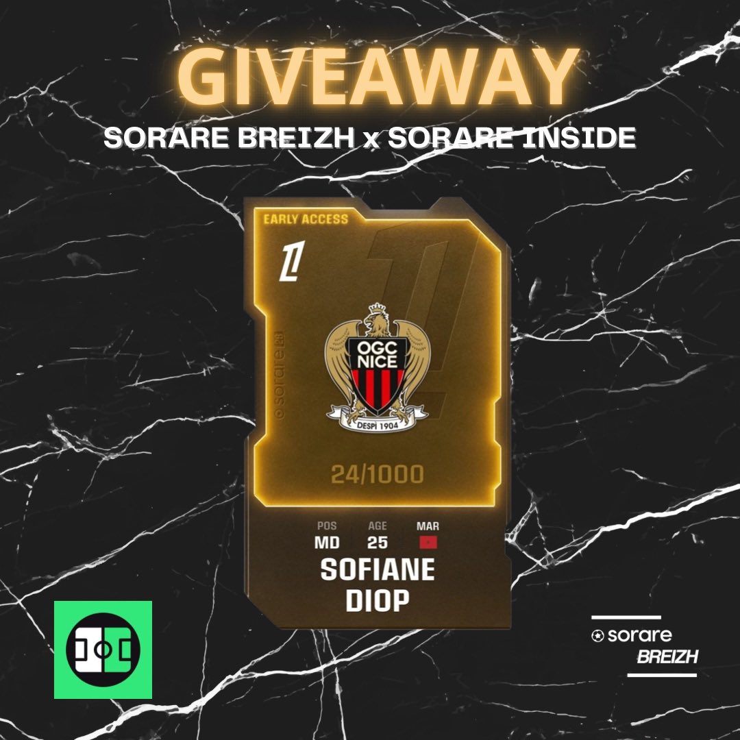 Sorare Breizh (@sorarebreizh) on Twitter photo 🎁 Giveaway exclusif feat <a href="/Sorare_Inside/">Sorare Inside</a> 🤝
Tente de gagner la carte Limited 25/26 de Sofiane Diop (Nice) 🔥
Pour participer 👇
✅ Follow <a href="/Sorare_Inside/">Sorare Inside</a> et <a href="/sorarebreizh/">Sorare Breizh</a>
🔄❤️ RT + Like ce post
Bénéficie de -10% sur ton abonnement grâce à mon code BREIZH10 💪
#Sorare 🎁 Giveaway exclusif feat <a href="/Sorare_Inside/">Sorare Inside</a> 🤝
Tente de gagner la carte Limited 25/26 de Sofiane Diop (Nice) 🔥
Pour participer 👇
✅ Follow <a href="/Sorare_Inside/">Sorare Inside</a> et <a href="/sorarebreizh/">Sorare Breizh</a>
🔄❤️ RT + Like ce post
Bénéficie de -10% sur ton abonnement grâce à mon code BREIZH10 💪
#Sorare