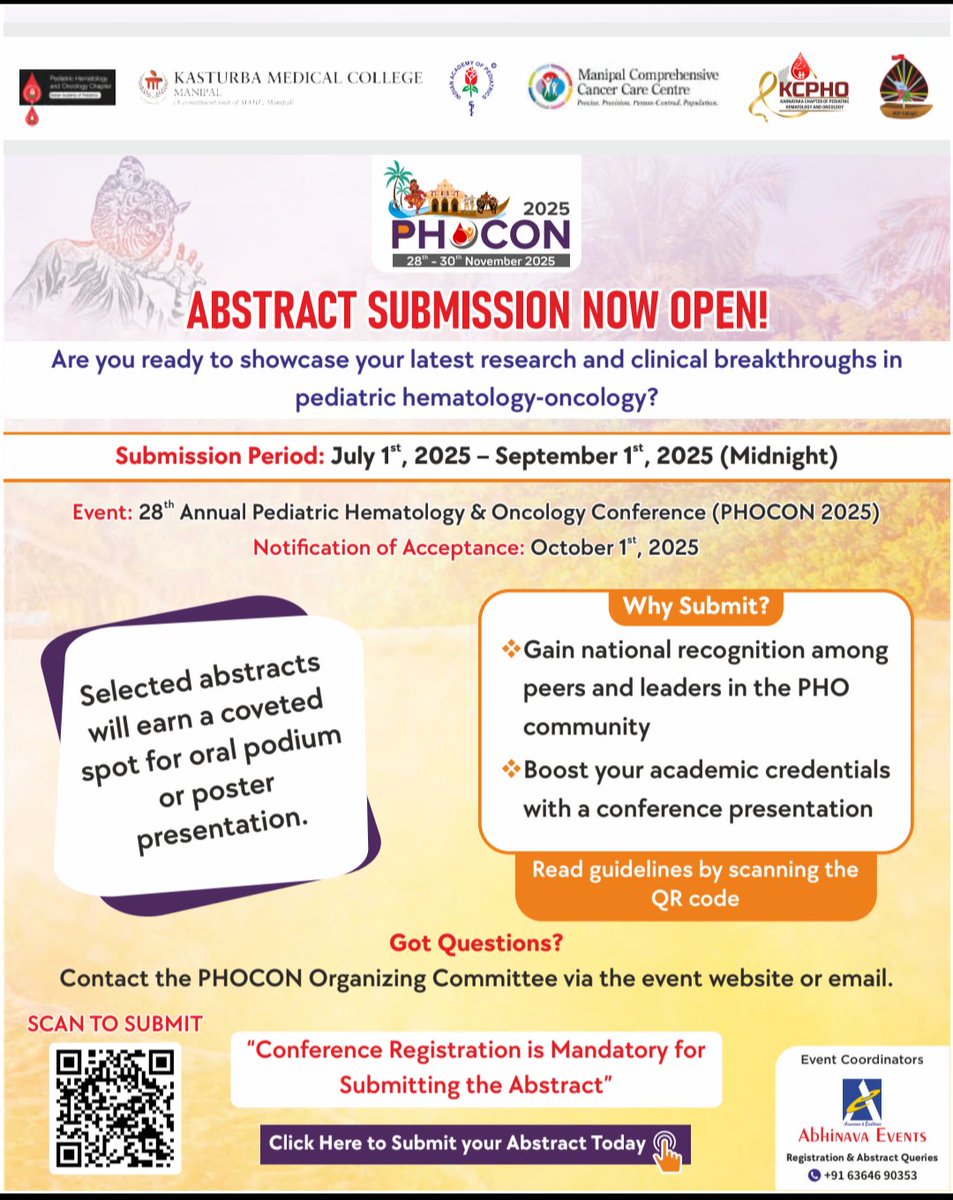 #Abstractsubmission
#PHOCON2025
#Manipal 
Till 1st Sept 25

<a href="/DrManasKalra1/">Dr Manas Kalra</a> <a href="/Satyayadav__/">Satya Prakash Yadav</a> <a href="/DrNehaRastogi1/">Dr Neha Rastogi</a> <a href="/DrShrutiKakkar/">Shruti Kakkar</a> <a href="/drshweta_pedonc/">Shweta Bansal</a> <a href="/Pritampedhemonc/">Pritam Singha Roy MD, DM</a> <a href="/nr_pedhemonc/">Nita Radhakrishnan</a> <a href="/DanewaArun/">Dr Arun Danewa</a> <a href="/dhwaneethakkar/">dr dhwanee thakkar</a> <a href="/DrGauravNarula/">Gaurav Narula MD</a> <a href="/DrSunilBhat/">Dr Sunil Bhat</a> <a href="/BadiraP/">Badira Cheriyalinkal Parambil</a> <a href="/anand_sschrc/">Anand KC</a>