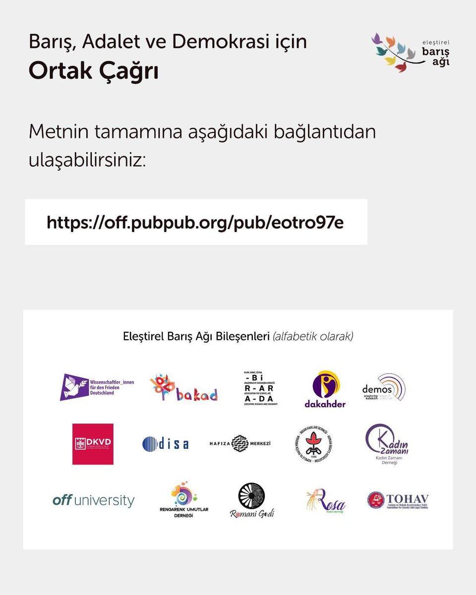 Eleştirel Barış Ağı bileşeni 15 sivil toplum örgütü olarak  devam eden barış sürecine dair hazırladığımız "Barış, Adalet ve Demokrasi için Ortak Çağrımız". Çağrının tamamına bio'daki linkten ulaşabilirsiniz. #eleştirelbarışağı #criticalpeacenetwork  off.pubpub.org/pub/eotro97e/r…