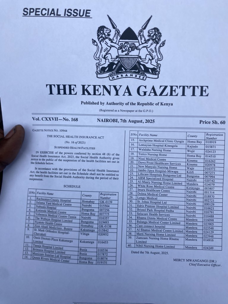Ministry of Health suspends 40 health facilities for defrauding SHA.