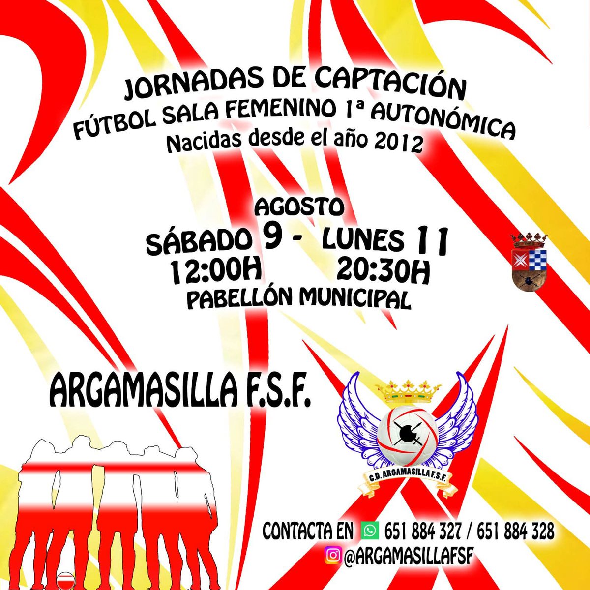 JORNADAS DE CAPTACIÓN PARA EL ARGAMASILLA FSF

Si eres nacida del 2012 para atrás, ven a formar parte nuestro club para poder competir en la 1a autonómica de fútbol sala femenino de Castilla la Mancha.

¡¡¡Te esperamos!!!