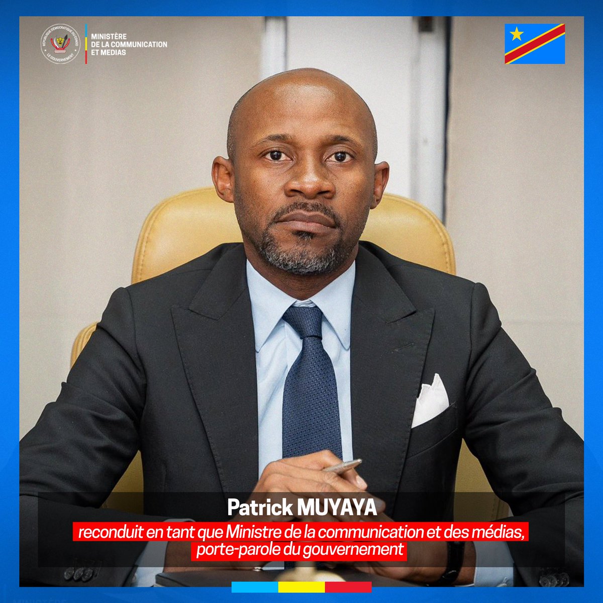 Félicitations à Son Excellence <a href="/PatrickMuyaya/">Patrick Muyaya</a> pour sa reconduction à la tête du Ministère de la Communication et Médias. Ce renouvellement de confiance traduit la reconnaissance de son engagement et de son action au service de la Nation. Plein succès pour ce nouveau mandat !