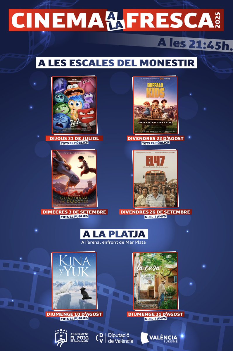 🎬𝗖𝗶𝗻𝗲𝗺𝗮 𝗮 𝗹𝗮 𝗳𝗿𝗲𝘀𝗰𝗮🎬
Conoce la #𝗽𝗿𝗼𝗴𝗿𝗮𝗺𝗮𝗰𝗶𝗼́𝗻 de una de las citas imprescindibles del verano: seis proyecciones repartidas entre 𝘓𝘢 𝘱𝘭𝘢𝘺𝘢 y 𝘌𝘭 𝘮𝘰𝘯𝘦𝘴𝘵𝘪𝘳➡️

¡Te esperamos con tu toalla o silla plegable!🏖️🏛️
#CinemaALaFresca2025 #ElPuig