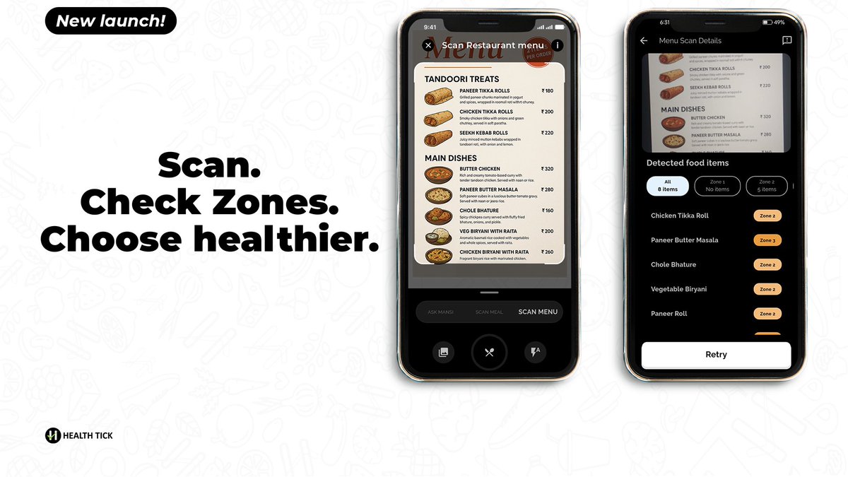 Introducing AI Menu Scan with Food Zones.

When you’re at a restaurant, choosing what to eat can be tricky:
-You’re guessing which dishes are healthier.
-Menu descriptions hide the amount of oil, butter, or cream.
-Calorie counts? Hardly ever shown.

You usually end up ordering