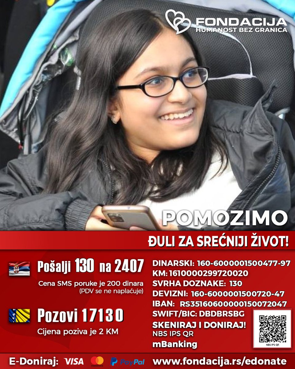 1na2407's tweet photo. PODELI I POMOZI!
🇷🇸 Pošalji SMS: 130 na 2407
🇧🇦 Pozovi: 17130

Đulnaz (2010.) iz Dobanovaca boluje od spinalne mišićne atrofije, progresivne neuromišićne bolesti. Dijagnoza joj je postavljena u 11. mesecu života. Ima i skoliozu, sklona je infekcijama i ne može dugo da sedi. Njen stariji brat, koji je bolovao od iste bolesti, preminuo je u 13. godini.

Kako možete pomoći?

🇷🇸 Pošalji SMS: 130 na 2407

🇧🇦 Pozovi: 17130

💳 Doniraj karticom: https://t.co/lxSJLf3Es5

🌐 PayPal: https://t.co/GNbFXyRa3N

📲 Skeniraj QR kod i doniraj putem mobilnog telefona - mBanking

Đuli su potrebna elektromotorna kolica, neurološko sedište, aparati za disanje, fizikalne terapije, banjsko lečenje i pomagala, kao i sredstva za put i smeštaj. 
Porodica ne može sama da finansira lečenje, te pozivamo sve ljude dobre volje da pomognu Đuli za srećniji život! ❤️❤️