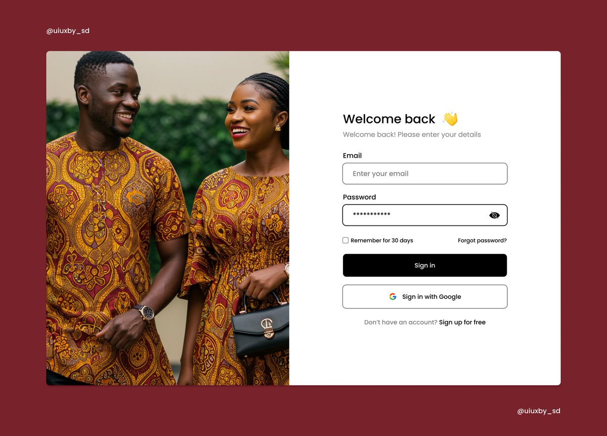 sddesignai's tweet photo. A login page, but make it Adire. ✨
Culture + modern design in one frame.
Which one’s your pick? 👇
A
B
C
D
#AdireFashion #UIUX #WebDesign #UXInspiration #MadeInAfrica #FashionTech #LoginPage #AfricanStyle
#UIDesign #TrendingNow #webdesign #africafabric https://t.co/8l99lkcNLc