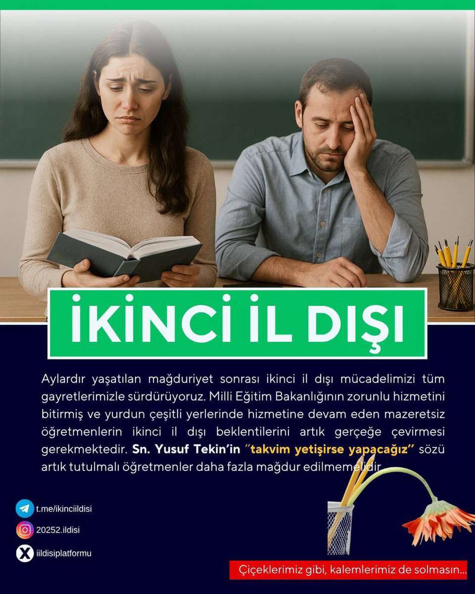 Cansu (@ogretmennnhanim) on Twitter photo Sınırdayız ve ailelerimiz bize 2000 km uzaklıkta, yaşam koşulları Batı ile bir değil. 12 il kapsamında olan İstanbul dahi açılmadı, lütfen 2. İl dışında bol kontenjan talebimize karşılık verin. #2iLDışınaBüyükKontenjan
<a href="/Yusuf__Tekin/">Yusuf Tekin</a> <a href="/tcmeb/">Millî Eğitim Bakanlığı</a> <a href="/mebpgm/">Personel Genel Müdürlüğü</a> <a href="/TRogretmen/">Öğretmen TR 🇹🇷</a> <a href="/ogretmenlersyfs/">Öğretmenler Sayfası</a> Sınırdayız ve ailelerimiz bize 2000 km uzaklıkta, yaşam koşulları Batı ile bir değil. 12 il kapsamında olan İstanbul dahi açılmadı, lütfen 2. İl dışında bol kontenjan talebimize karşılık verin. #2iLDışınaBüyükKontenjan
<a href="/Yusuf__Tekin/">Yusuf Tekin</a> <a href="/tcmeb/">Millî Eğitim Bakanlığı</a> <a href="/mebpgm/">Personel Genel Müdürlüğü</a> <a href="/TRogretmen/">Öğretmen TR 🇹🇷</a> <a href="/ogretmenlersyfs/">Öğretmenler Sayfası</a>