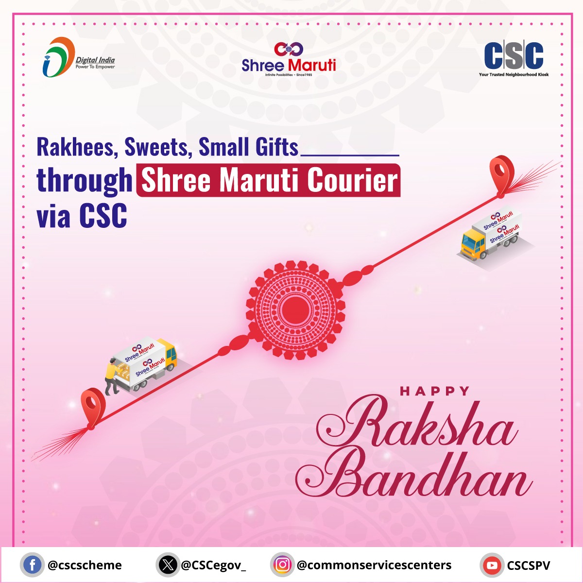 CSCegov_'s tweet photo. 🎁 Distance won’t stop your love this Rakshabandhan!

Just 1 Day Left for Raksha Bandhan...

Send your Rakhi & Gifts anywhere in India with Shree Maruti Courier Services.

VLEs to provide timely deliveries of courier & e-commerce parcels for citizens.

For any queries, call 14599 or write to helpdesk@csc.gov.in

#DigitalIndia #ShreeMaruti #ShreeMarutiCourier #Parcel #CourierService #DigitalInclusion #RuralEmpowerment #CSC #Rakhi #Rakhi2025 #RakshaBandhan #RakhiSpecial