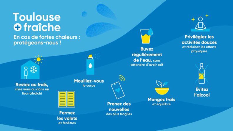 ☀️🌡️ Grosse chaleur sur #Toulouse ! 

Pensez à boire, rester au frais et prendre soin de vos proches, surtout les plus fragiles🚰

La Mairie est là pour vous accompagner !👥

📞 Allô Seniors :  0 800 042 444

#Canicule
