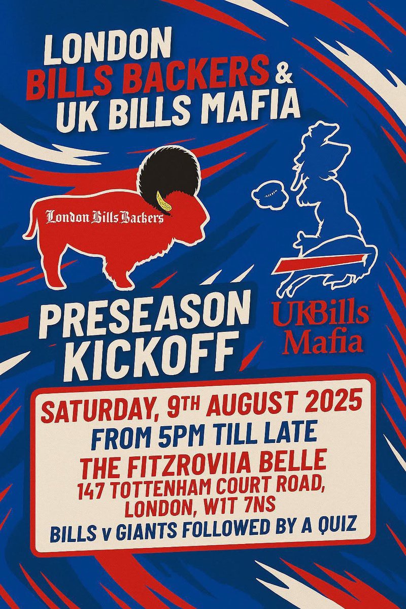 THIS IS TOMORROW!! 
If you’re in London or anywhere near…come and join us! 

Get registered for the Preseason party!! 
Brought to you by <a href="/LDNBillsBackers/">London Bills Backers</a> and the UK Bills Mafia!!
Showing the preseason game against the giants, followed by a quiz!

Link: londonbillsbackers.com/contact/game-r…