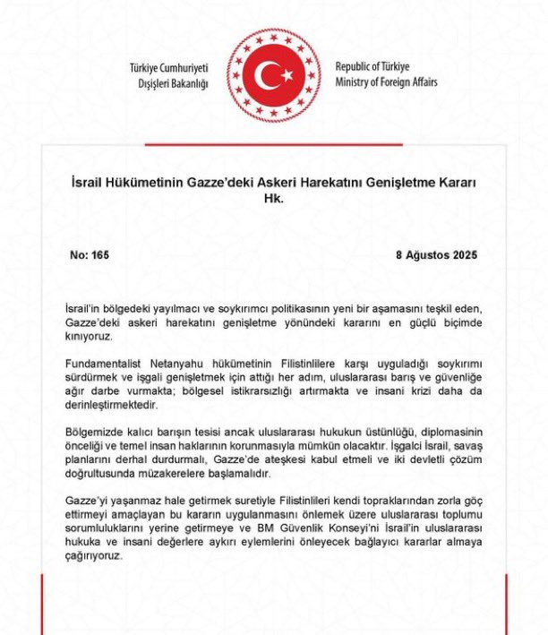 Dışişleri Bakanlığı, İsrail’in Gazze’yi tamamen işgal etme kararı almasını "en güçlü biçimde" kınadı.