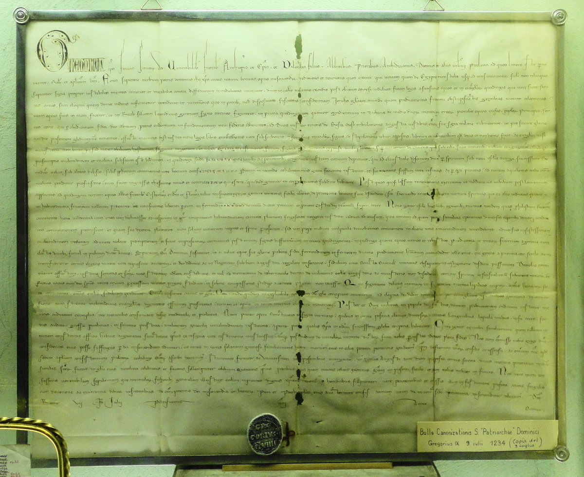 The feast of St. Dominic. His tomb rests in Bologna, Italy at the Basilica of St. Dominic. Pics I took there. L &amp; U.R. the tomb of St. Dominic. The fresco above depicts the Saint in heaven. Lower R: the original Papal Bull of Pope Gregory IX declaring St. Dominic a Saint in 1234.