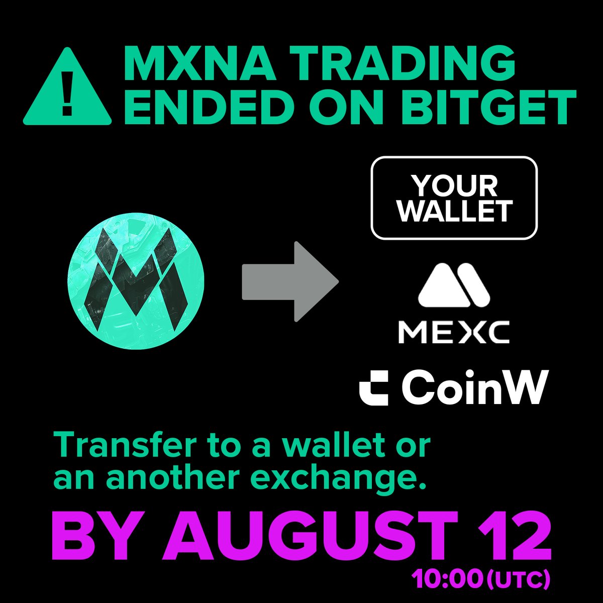 DarkMachineWeb3's tweet image. 🚨Final Notice: Withdraw Your MXNA Tokens from Bitget🚨

As of July 12, 2025, the MXNA token has been officially delisted from Bitget.
If you still hold MXNA on Bitget, please transfer your tokens to a self-custody wallet (e.g., MetaMask) or to another exchange that supports…