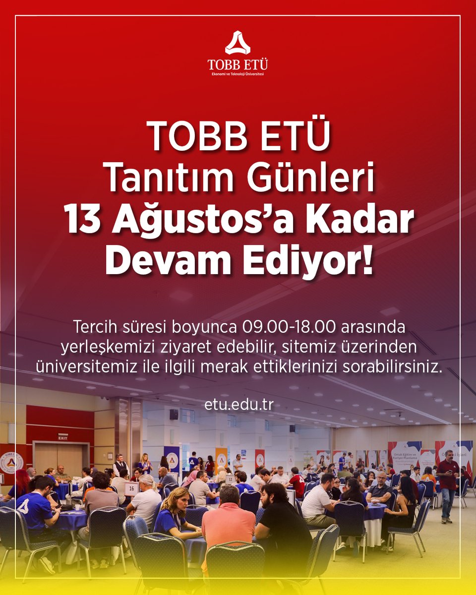 TOBB ETÜ Tanıtım Günleri 13 Ağustos’a kadar devam ediyor!
Tercih döneminde 09.00-18.00 arasında yerleşkemizde sizi bekliyoruz. 

#tobbetülüyüz #tobbetü #yks2025 #tercih2025