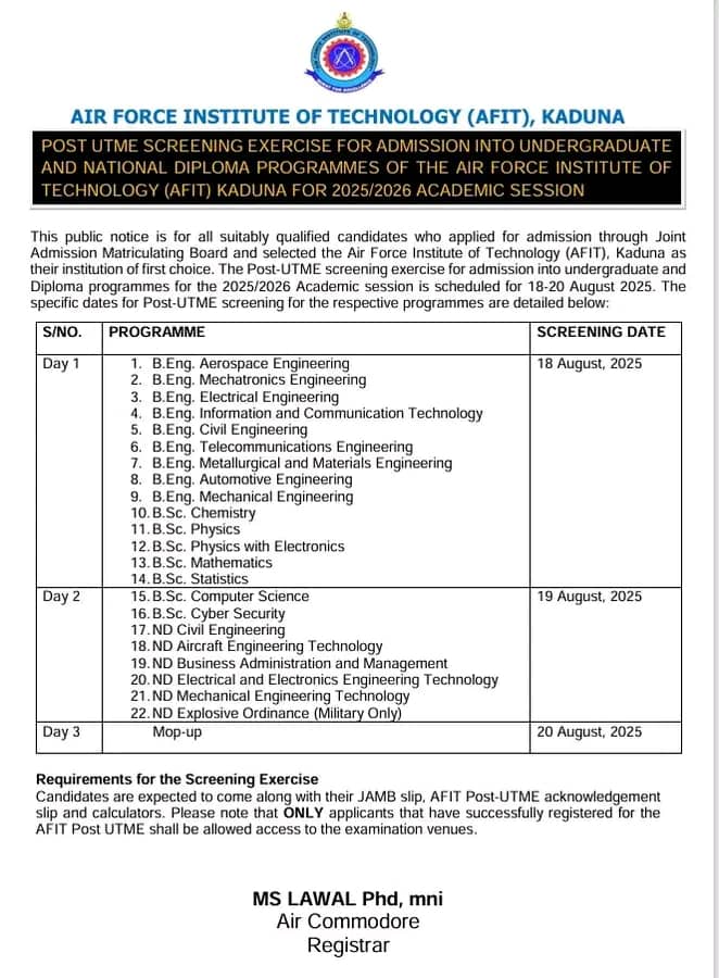 DAMMYSTV's tweet image. AIR FORCE INSTITUTE OF TECHNOLOGY, ZARIA (#AFIT) RELEASES POST-UTME SCREENING SCHEDULE FOR 2025/2026 ACADEMIC SESSION