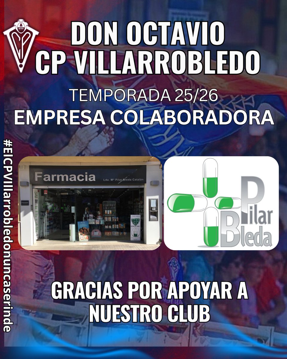 🏫✨ Hoy nuestro agradecimiento es para
Farmacia Mª Pilar Bleda (C. San Ildefonso, 5, Villarrobledo), por su colaboración y apoyo al Don Octavio CP Villarrobledo.
Un verdadero ejemplo de profesionalidad, cercanía y compromiso con nuestra ciudad.