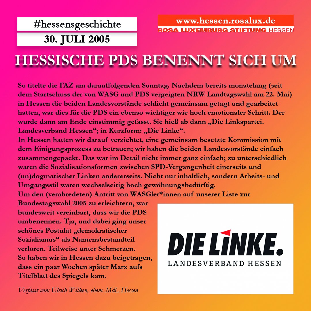 rosaluxhessen's tweet photo. Hessische PDS benennt sich um, 30.07.2005
#hessensgeschichte #PDS #DieLinke #Wasg
Beitrag von: Ulrich Wilken, ehem. MdL Hessen
Mehr Infos: https://t.co/FWWLuFoPW9
https://t.co/xe76nwFo3i https://t.co/xNDdpTXtTp