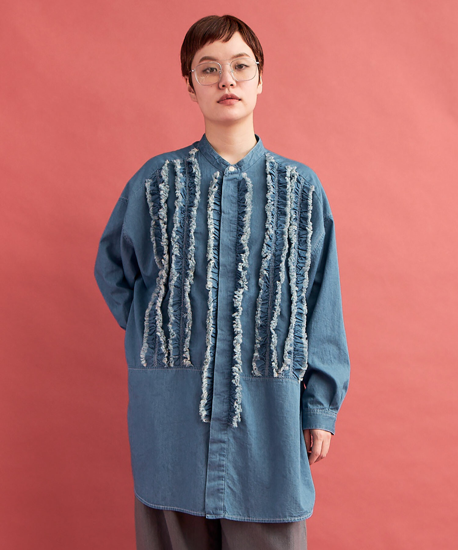 新品◎buoybuoy◎FRILL BIG COLLAR シャツ(DENIM) 新品◎buoybuoy◎FRILL BIG COLLAR シャツ(DENIM)（高級感 Sheer