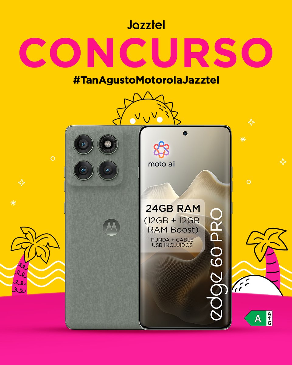 Jazztel España (@jazztel_es) on Twitter photo CONCURSO ☀️😎🏖️📲
Agosto es RELAX y con un #MotorolaEdge60PRO tan a gusto.
Participa y gana:
➡️ Sigue a <a href="/jazztel_es/">Jazztel España</a> y <a href="/MotorolaESP/">Motorola España</a>
🔁 Haz RT
💬 Menciona con quién vas a estar muy a gusto.
#️⃣ HT #TanAgustoMotorolaJazztel
¡Suerte! 🍀
BBLL: bit.ly/TanAgustoMotor… CONCURSO ☀️😎🏖️📲
Agosto es RELAX y con un #MotorolaEdge60PRO tan a gusto.
Participa y gana:
➡️ Sigue a <a href="/jazztel_es/">Jazztel España</a> y <a href="/MotorolaESP/">Motorola España</a>
🔁 Haz RT
💬 Menciona con quién vas a estar muy a gusto.
#️⃣ HT #TanAgustoMotorolaJazztel
¡Suerte! 🍀
BBLL: bit.ly/TanAgustoMotor…