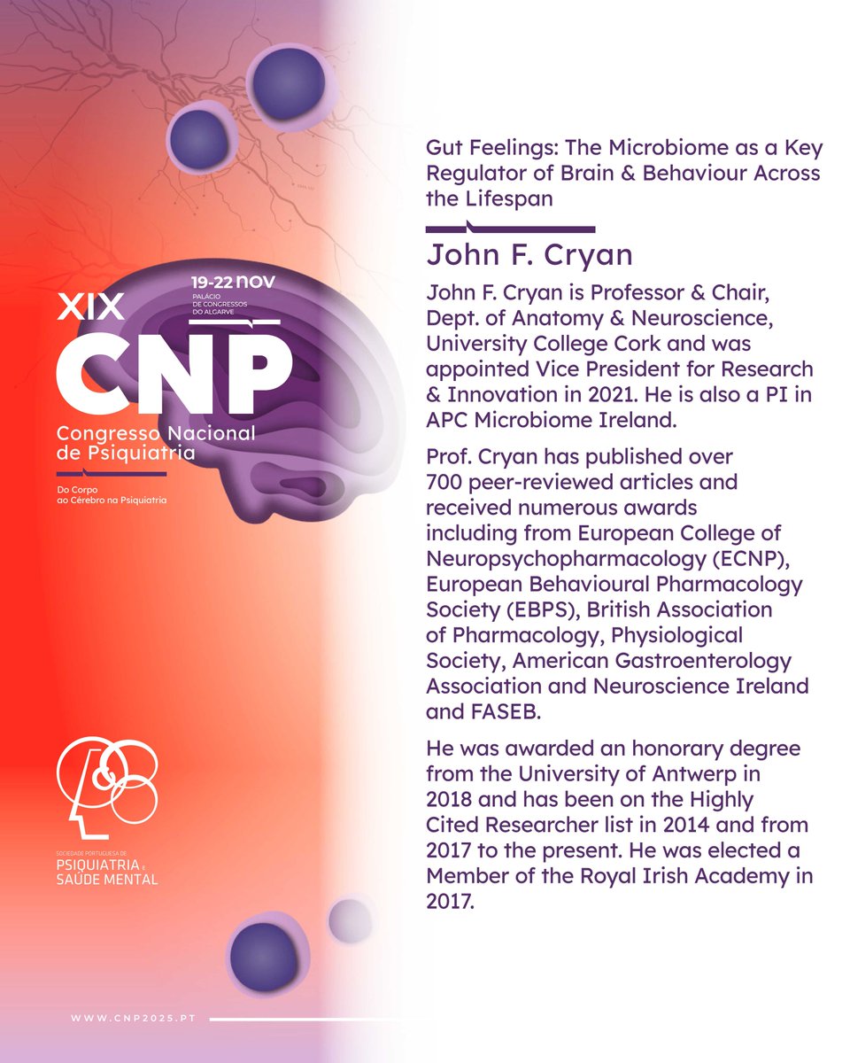 🔔🗓️ Vamos recordar as confirmações do #CNP2025? 👀
 
𝗣𝗿𝗼𝗳. 𝗝𝗼𝗵𝗻 𝗙. 𝗖𝗿𝘆𝗮𝗻 é um dos palestrantes internacionais que vai estar presente no XIX Congresso Nacional de Psiquiatria.
 
🔗Para mais informações sobre o #CNP2025, consulte o site: cnp2025.pt