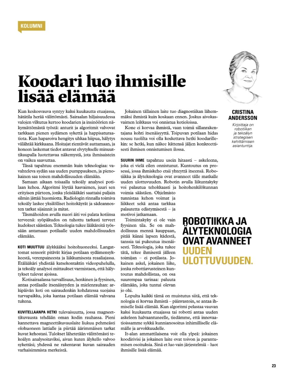 Lisää elämää elämään. Kiitos koodareille. Uusin kolumnini Tivi - lehdessä.