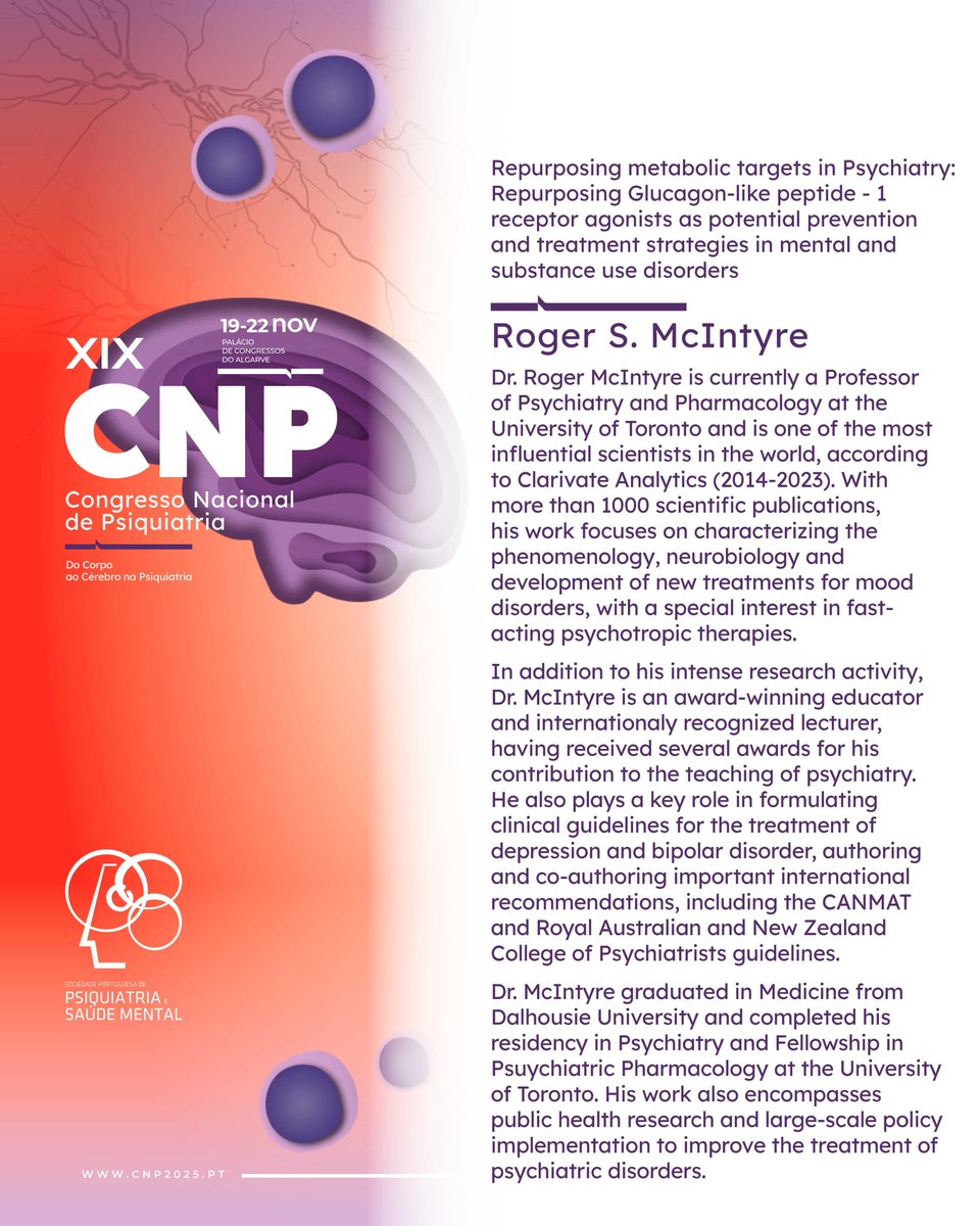 🔔🗓️ Vamos recordar as confirmações do #CNP2025? 👀
 
Dr. Roger McIntyre é um dos palestrantes internacionais que vai estar presente no XIX Congresso Nacional de Psiquiatria.
 
 🔗Para mais informações sobre o #CNP2025, consulte o site: cnp2025.pt
 
 #CPN2025 #SPPSM