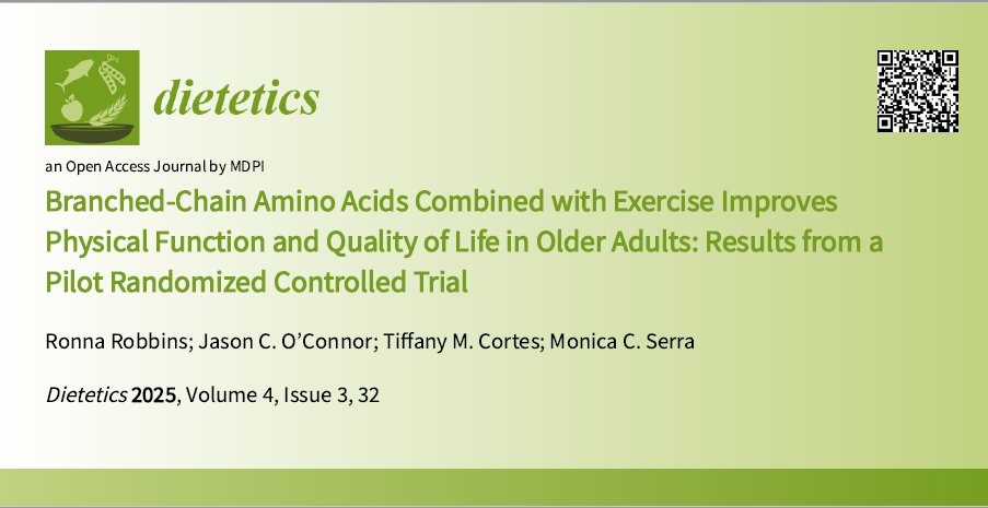 🚀 Exciting new study!  Branched-chain  amino acids (BCAAs) + exercise boost strength, mobility &amp; quality of  life in older adults!
A promising combo for healthy aging!
🔗Read the full paper: mdpi.com/2674-0311/4/3/…
#HealthyAging #BCAAs #ExerciseScience #Geriatrics
