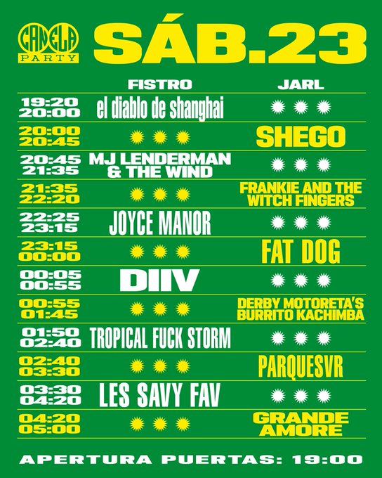 El <a href="/CanelaParty/">Canela Party</a> confirma horarios! Del 20 al 23 de agosto en Torremolinos (donde debutarà nuestro <a href="/CEEuropa/">Club Esportiu Europa</a> en #PrimeraRFEF). Con @Lambrini_Girls, <a href="/DIIV/">diiv</a>, <a href="/Biznaga77/">Biznaga</a>, #TropicalFuckStorm, <a href="/lessavyfav/">Les Savy Fav</a>, <a href="/ducksltdband/">Ducks Ltd.</a>, <a href="/BobbyVylan/">Bob Vylan</a>, <a href="/uneteakokoshca/">KOKOSHCA</a>, #BarItalia, <a href="/BlondeRedhead/">Blonde Redhead</a>...