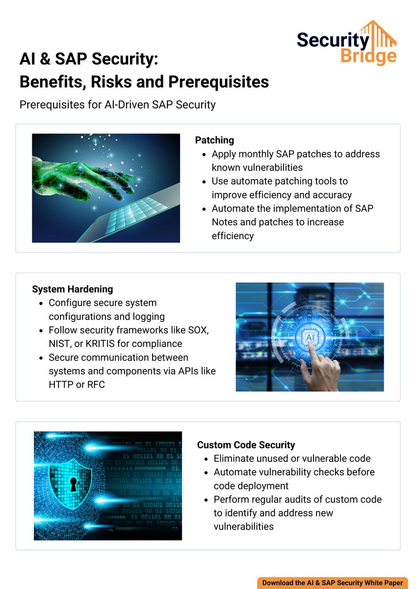 _securitybridge's tweet image. 🛡 Ready to implement AI to your SAP security? But wait—fulfill these prerequisites first!

Download the full white paper to learn how to prepare your SAP systems for AI!

📥 securitybridge.com/assets/ai-sap-…